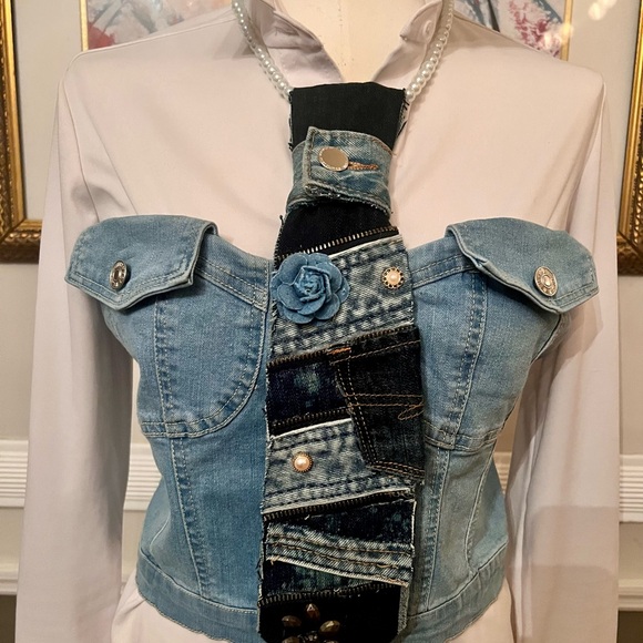 Hand Crafted Accessories - Denim tie necklace with lovely Accents